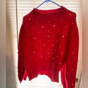 DAVI & DANI Red Sweater with Pearl Embellishments